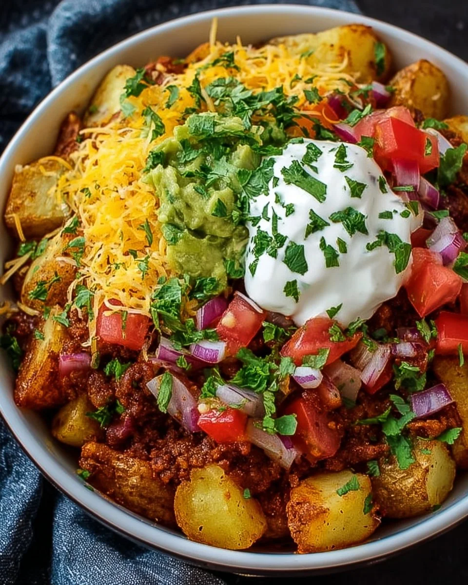 Loaded Potato Taco Bowl with crispy potatoes and colorful toppings