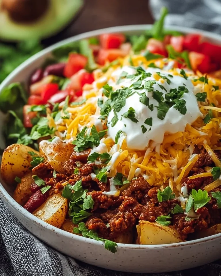 Delicious Loaded Potato Taco Bowl topped with fresh ingredients and salsa.