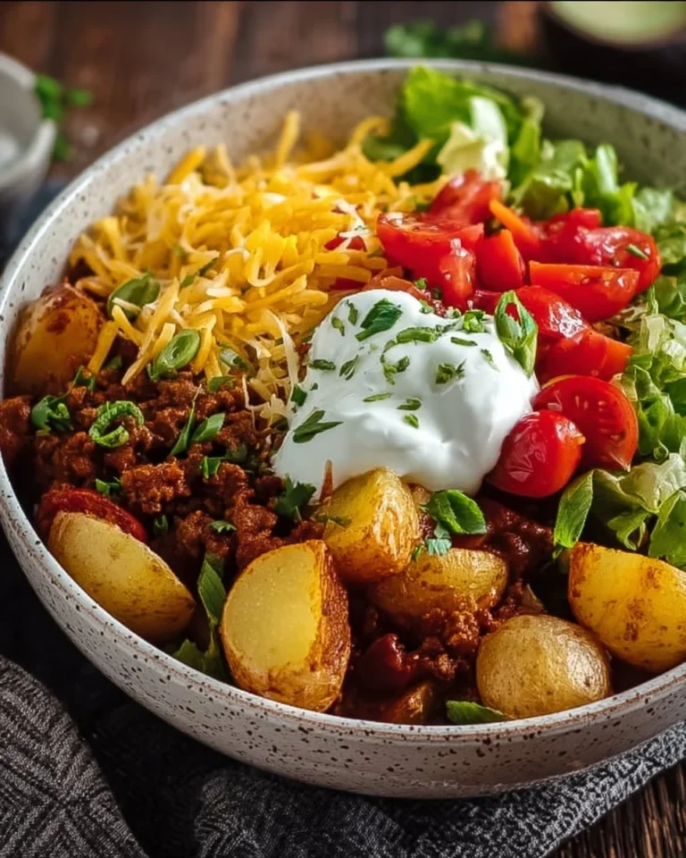 Loaded Potato Taco Bowl featuring crispy potatoes and fresh toppings