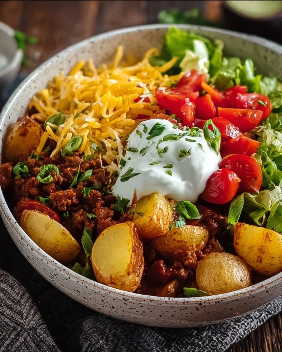 Loaded Potato Taco Bowl featuring crispy potatoes and fresh toppings