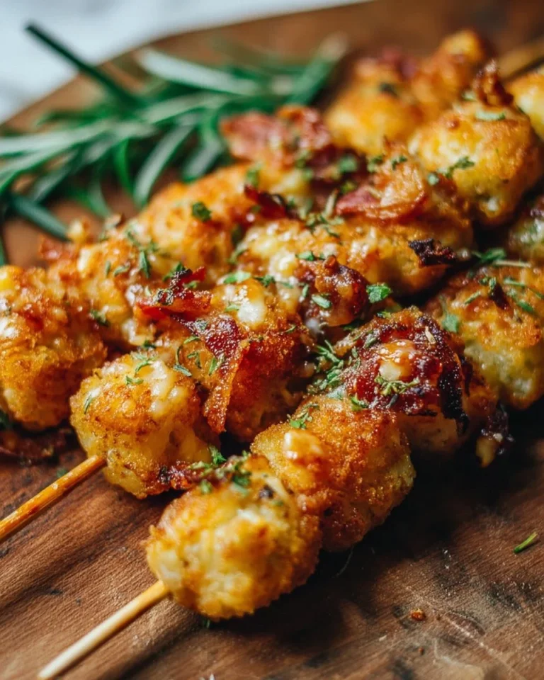 Loaded tater tot skewers with toppings for a tasty snack