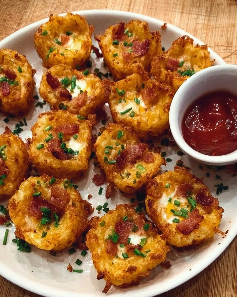 Loaded tater tots topped with cheese, bacon, and green onions in a serving dish.