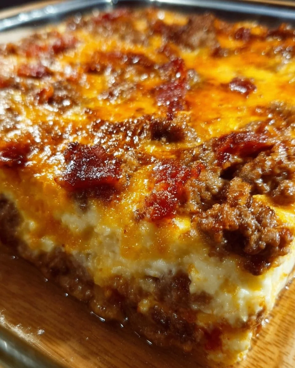 A serving of low-carb bacon cheeseburger casserole topped with cheese and bacon