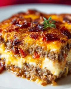 Low-carb bacon cheeseburger casserole topped with cheese and bacon