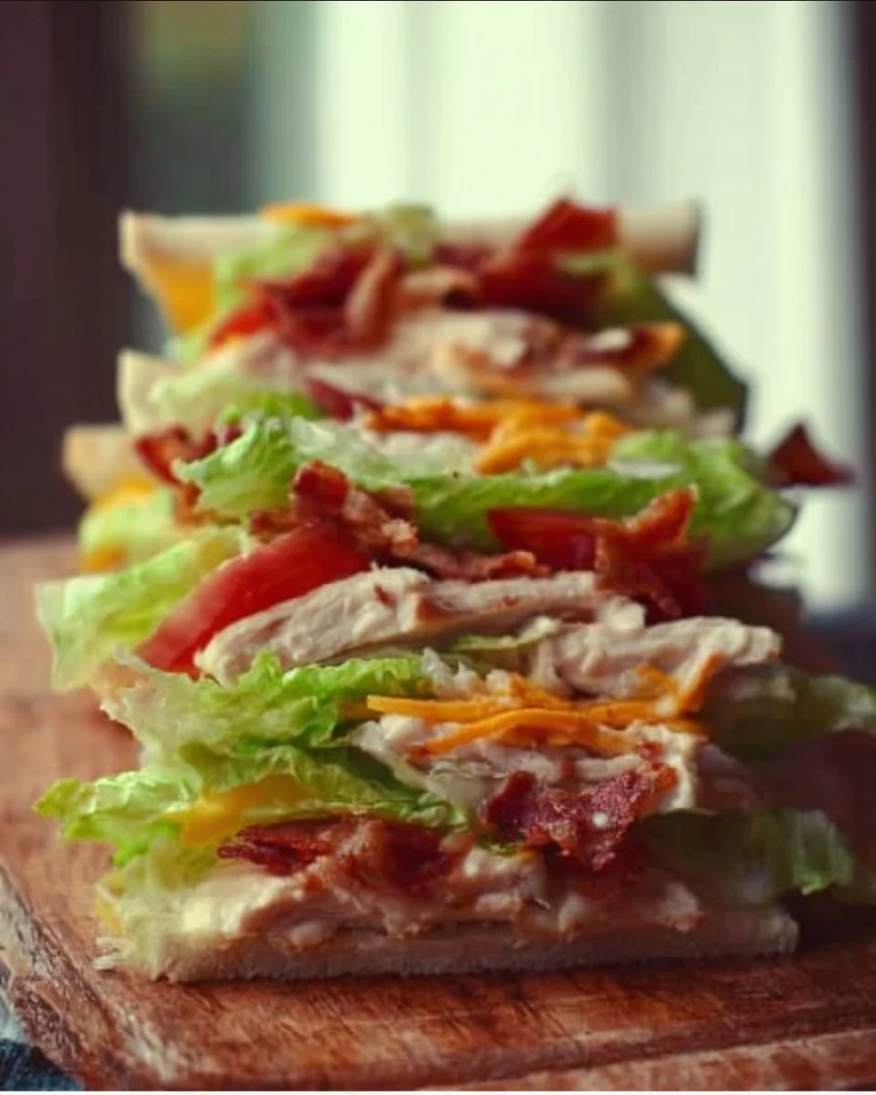 Low carb chicken club sandwich with lettuce, bacon, and tomato on a plate