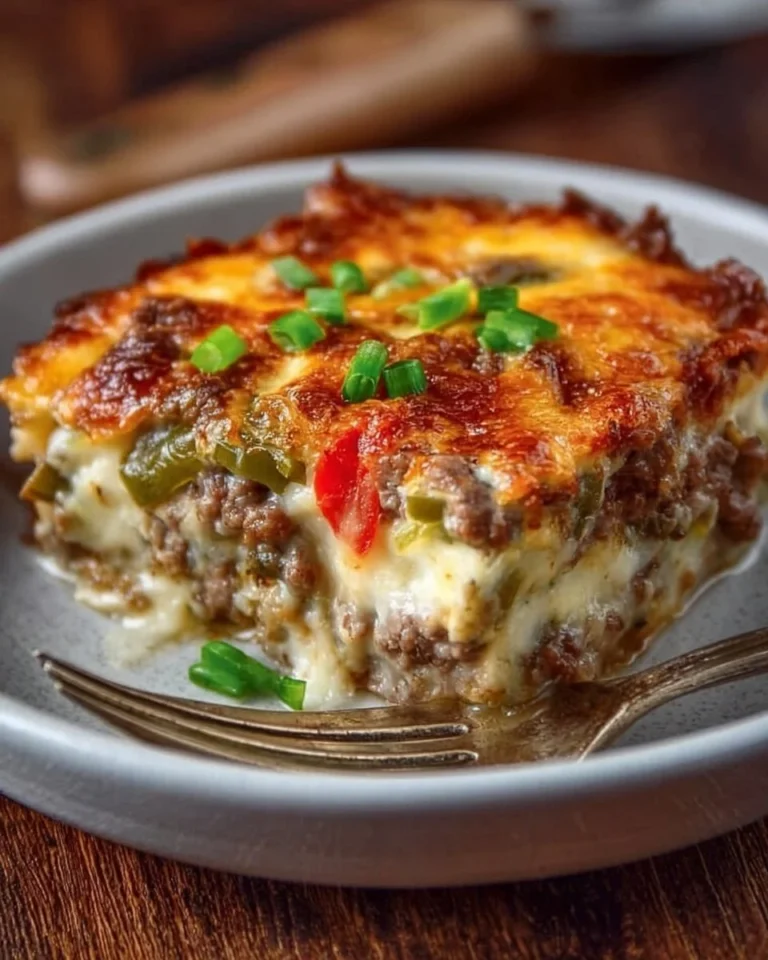 Low Carb Philly cheesesteak casserole served in a dish, topped with cheese and peppers.
