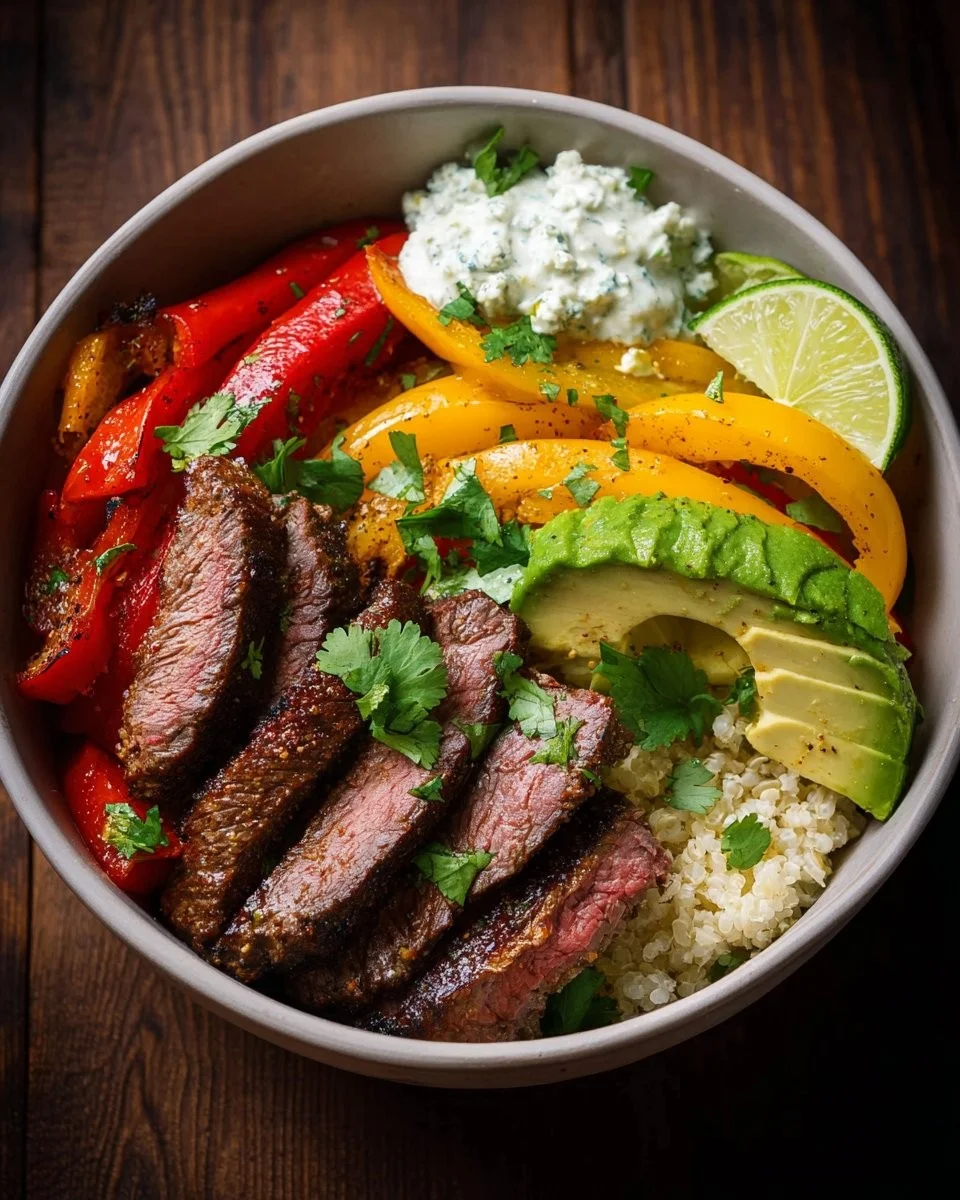 Low carb steak fajita bowl ingredients and dish presentation