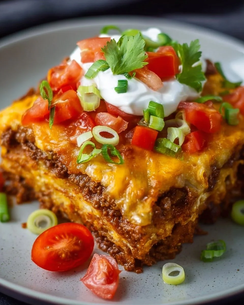 Low carb taco casserole dish with toppings in a baking pan