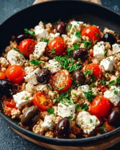 Mediterranean Keto ground chicken skillet with olives and feta garnished and served