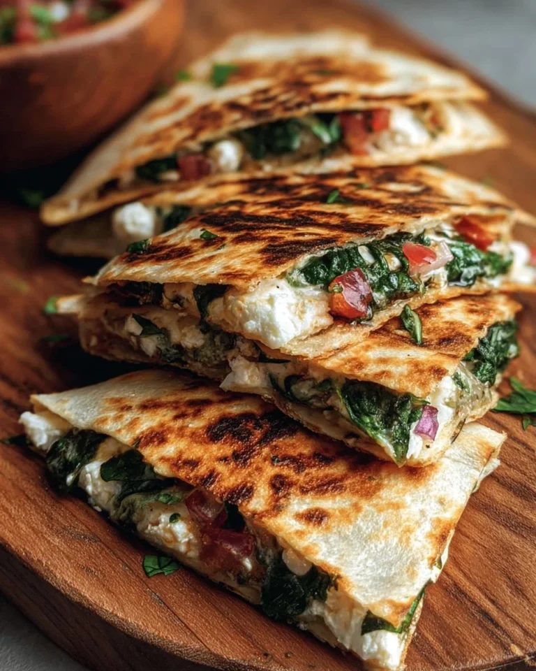 Mediterranean Quesadillas with spinach, feta cheese, mozzarella, and red onion on a plate.