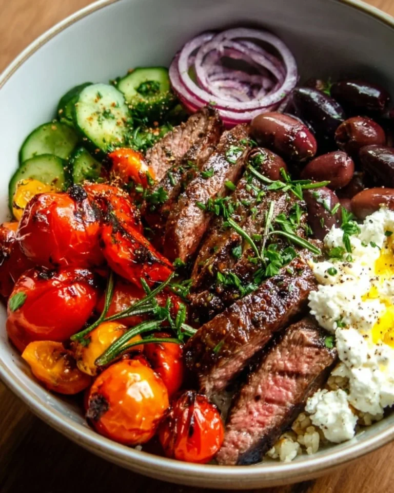 Mediterranean steak bowl with fresh vegetables and flavorful dressing
