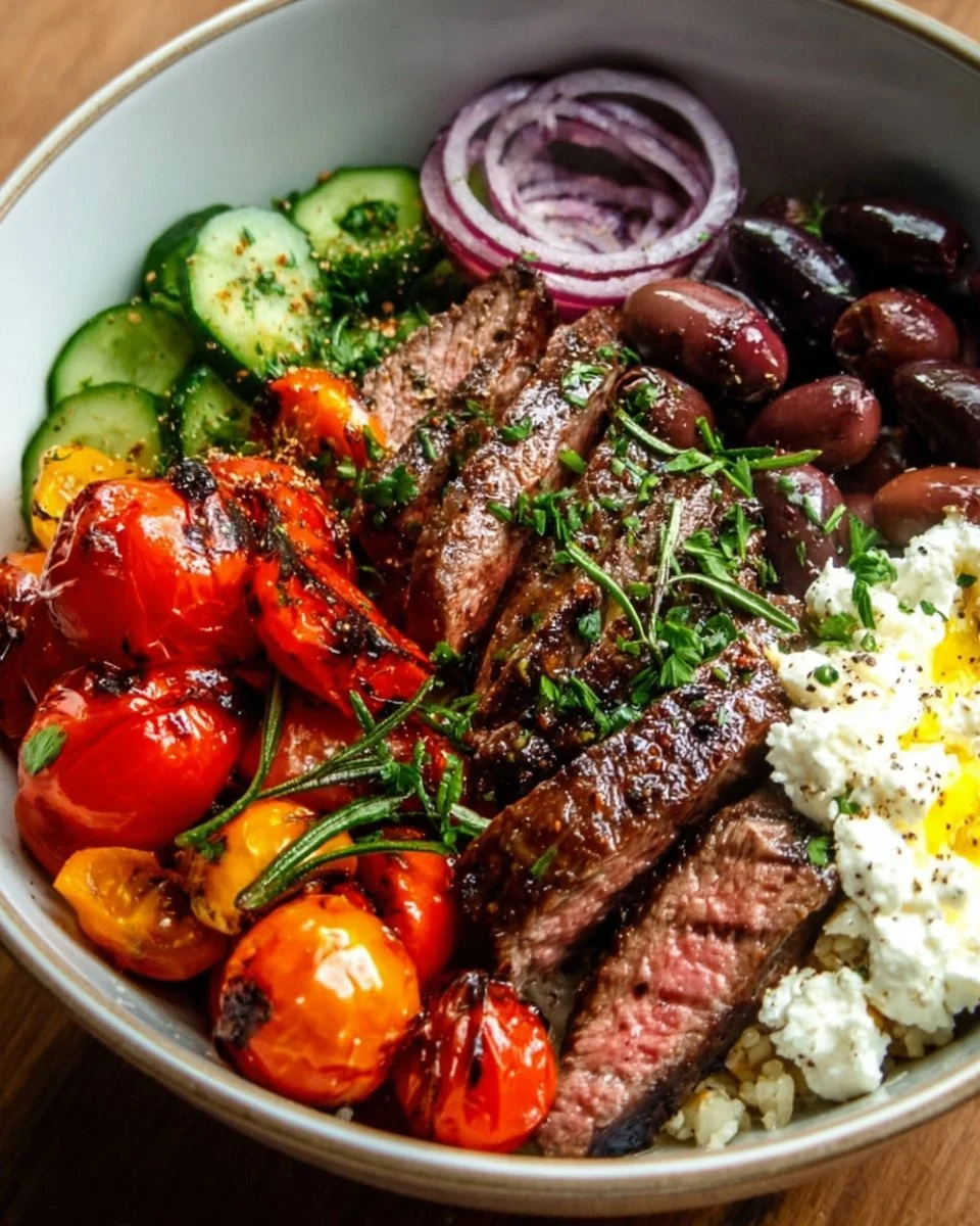 Mediterranean steak bowl with fresh vegetables and flavorful dressing