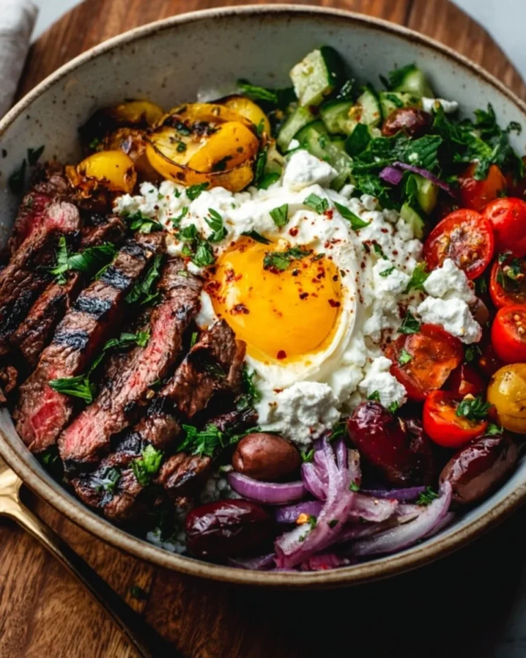 Mediterranean steak bowl featuring grilled steak, fresh veggies, and vibrant flavors
