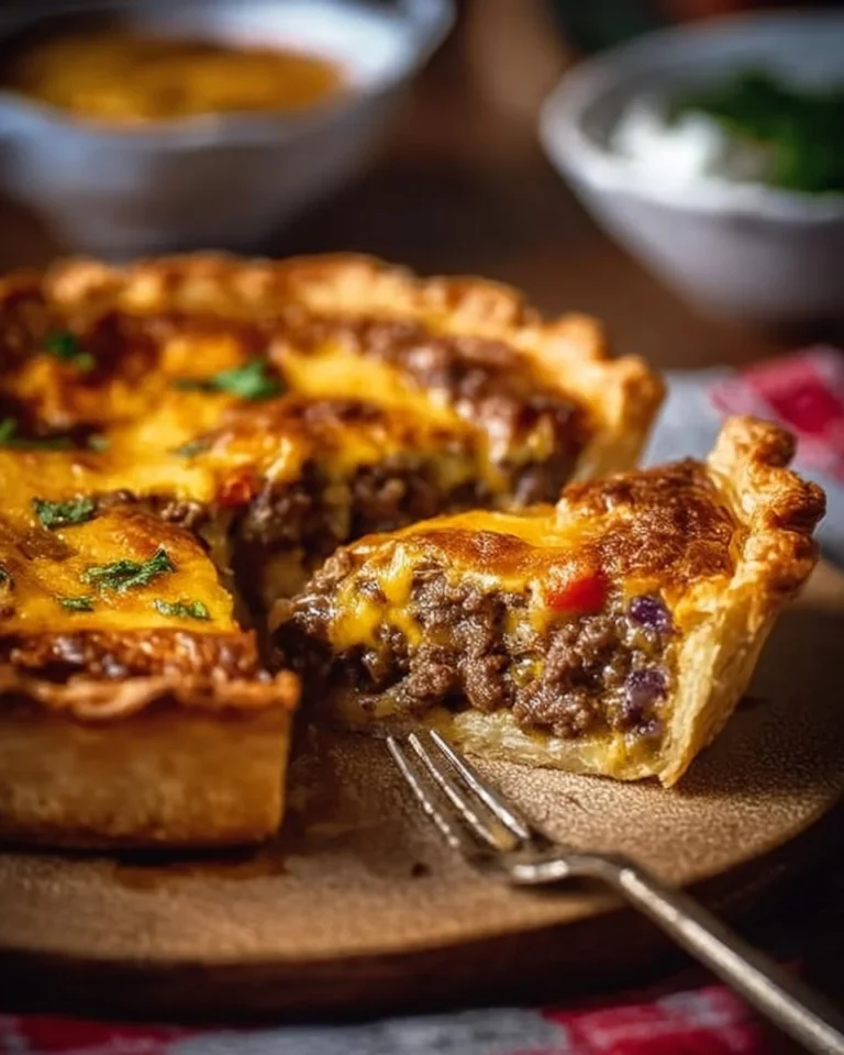 One-Pan Cheeseburger Pie served on a plate with fresh toppings