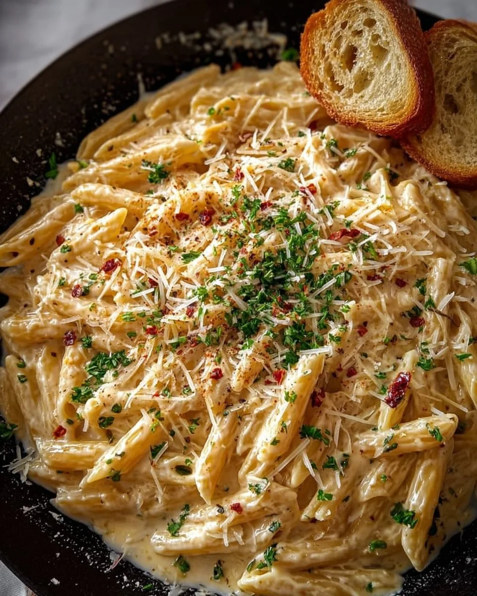 One Pot Creamy Garlic Pasta dish garnished with parsley