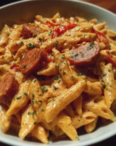 Creamy spicy Cajun sausage pasta in a one-pot dish, garnished with herbs.