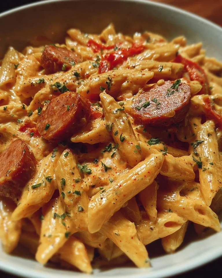 Creamy spicy Cajun sausage pasta in a one-pot dish, garnished with herbs.