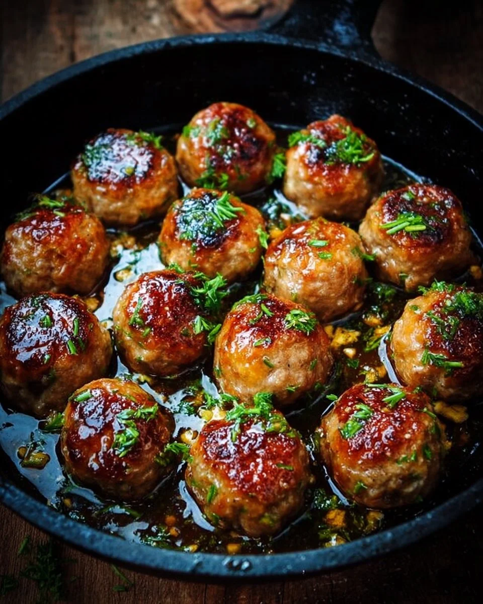 Pan cooked honey orange chicken meatballs served on a plate