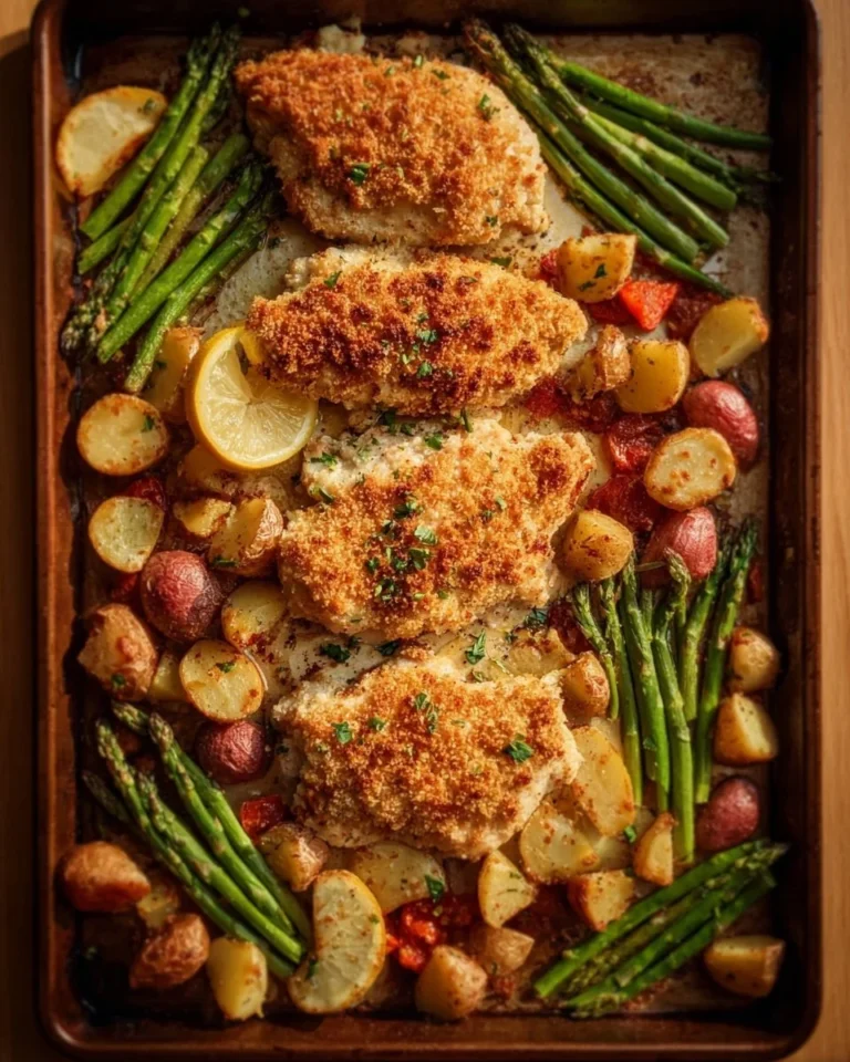 Parmesan crusted chicken on a sheet pan with vegetables