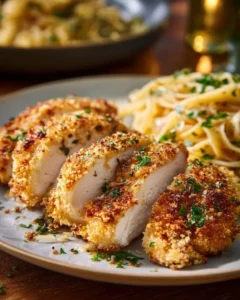 Delicious Parmesan Ranch Chicken served on a plate with herbs and veggies.