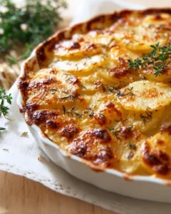 Creamy Parmesan scalloped potatoes in a baking dish, golden and bubbly.