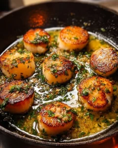 Delicious perfectly seared scallops served on a plate with garnish