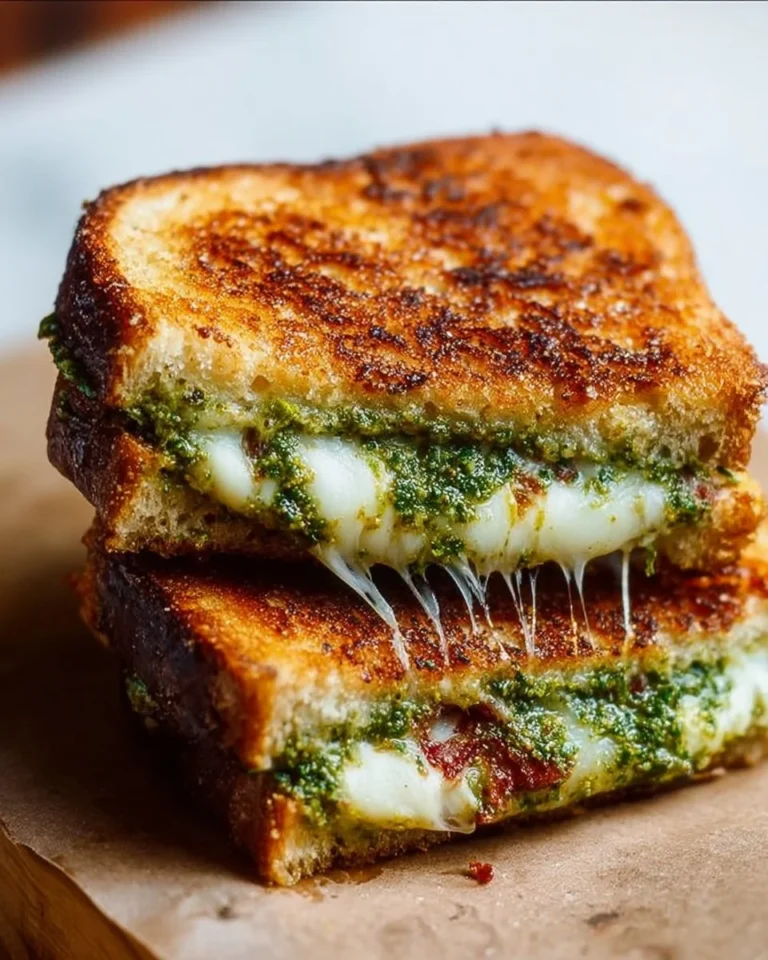 Pesto Grilled Cheese sandwich melting with cheese and fresh pesto