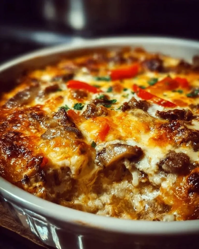 Philly Cheesesteak Casserole topped with melted cheese and colorful bell peppers.
