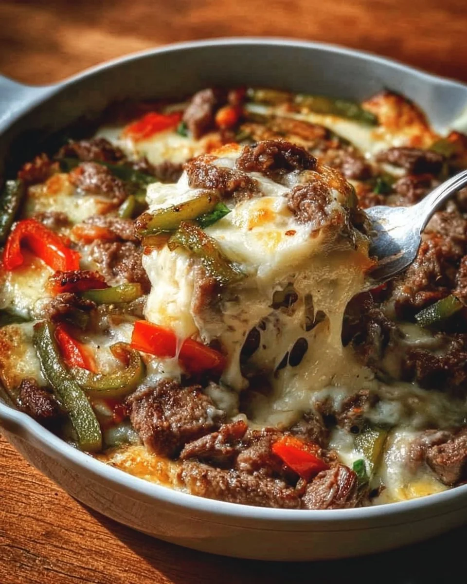 Delicious Philly cheesesteak skillet with peppers and onions