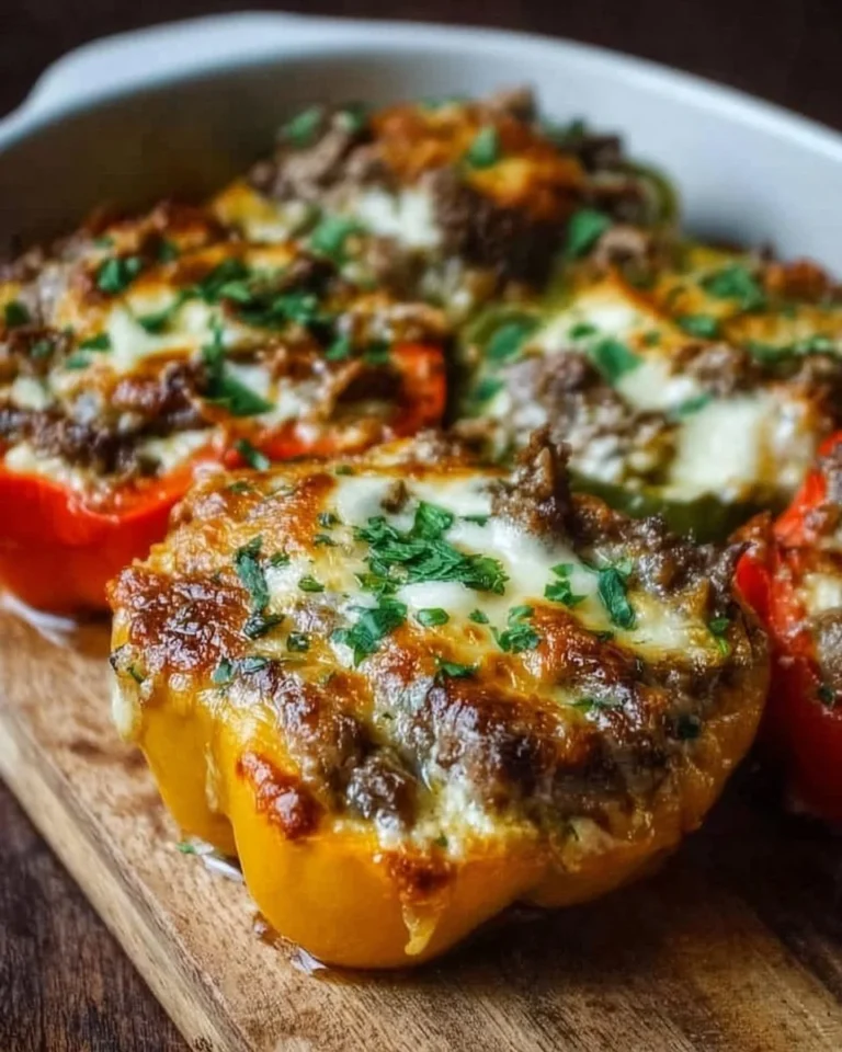 Philly cheesesteak stuffed peppers filled with beef, cheese, and peppers.
