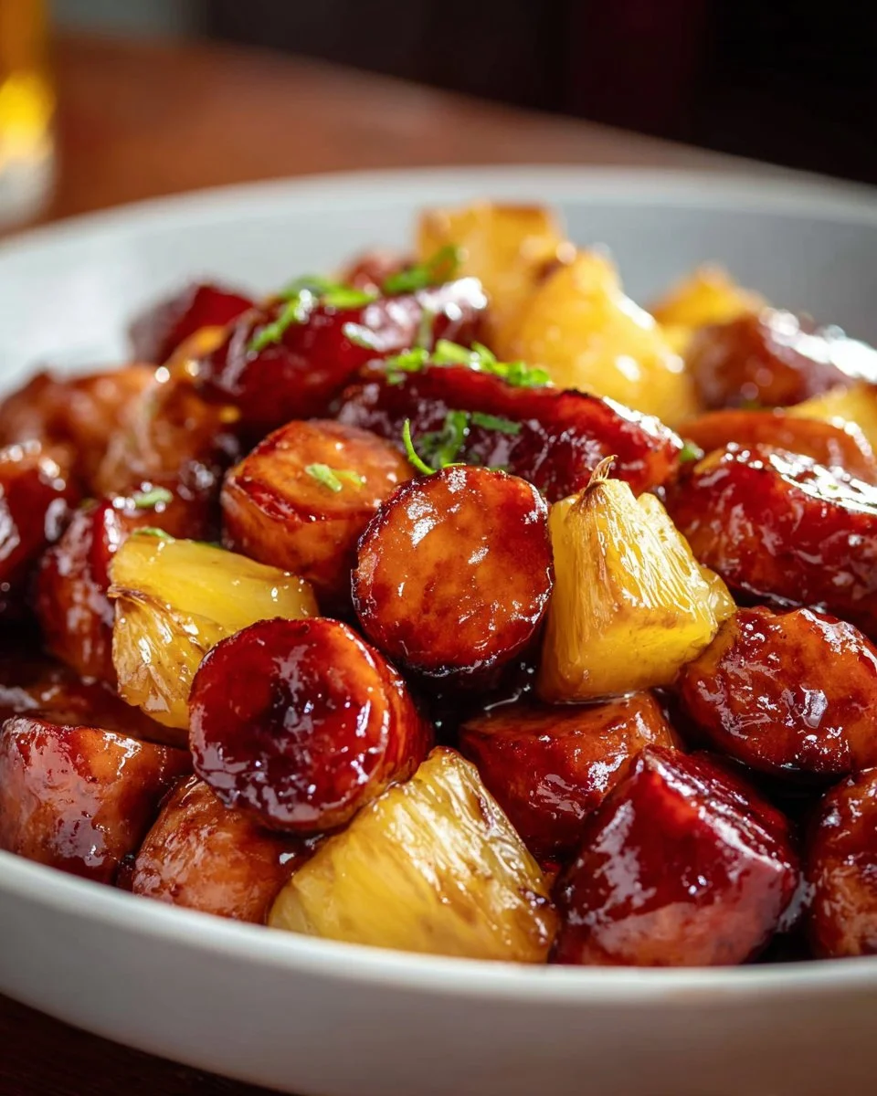 Pineapple Brown Sugar Mississippi Little Smokies Bites on a platter