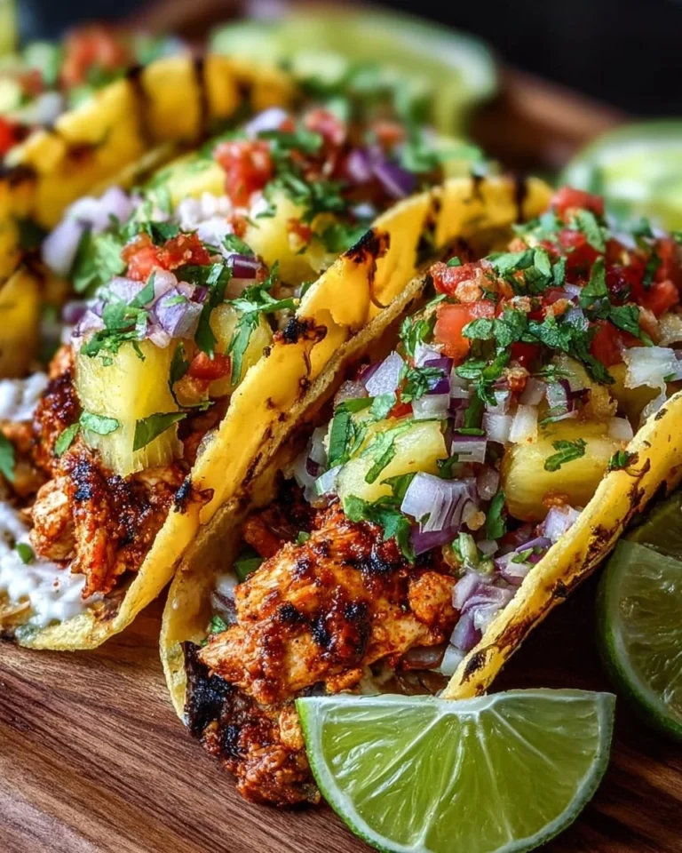 Delicious pineapple chicken tacos served with fresh toppings and garnishes.