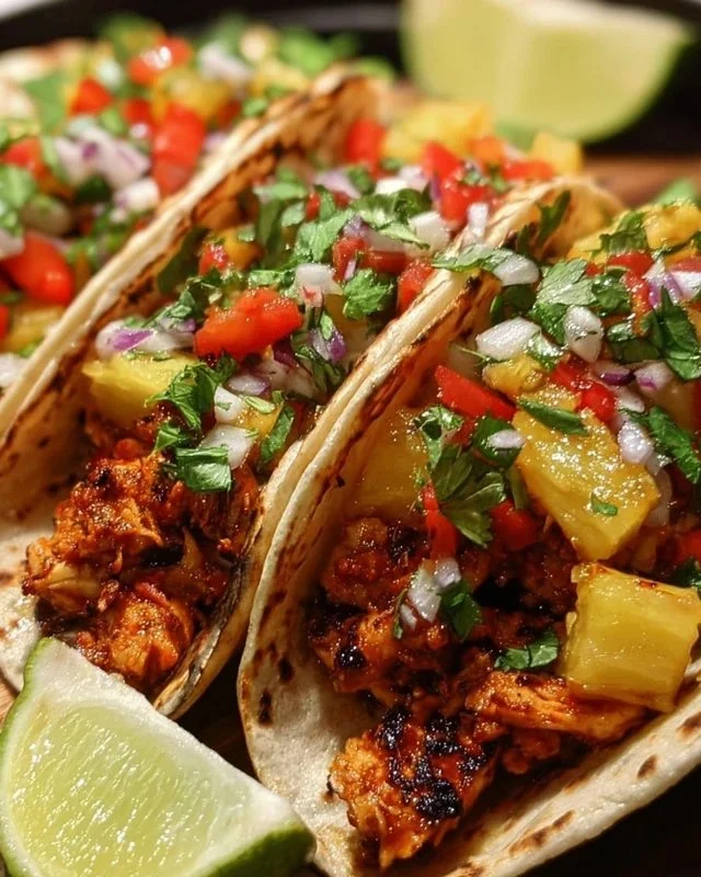 A vibrant plate of Pineapple Chicken Tacos with fresh toppings and salsa