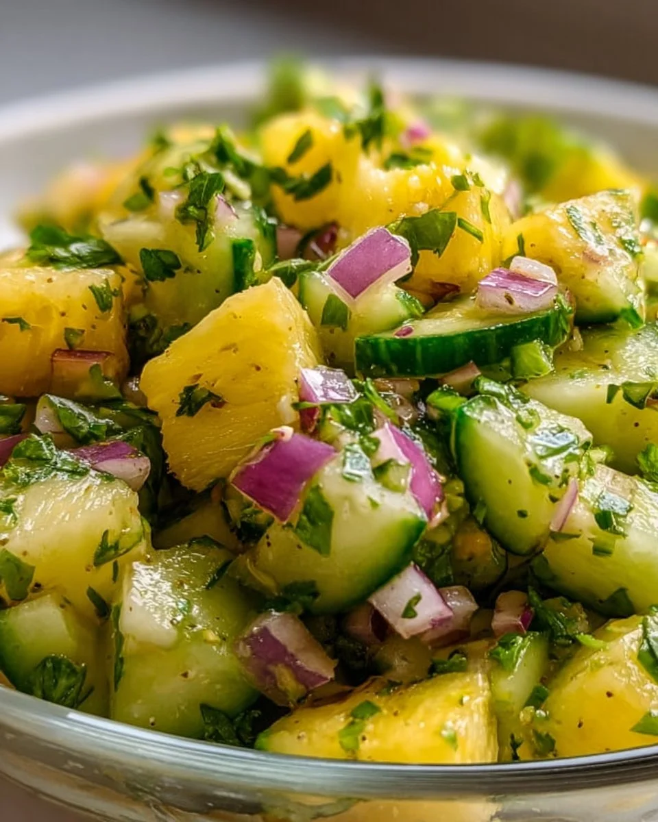 A vibrant pineapple cucumber salad with fresh ingredients in a bowl