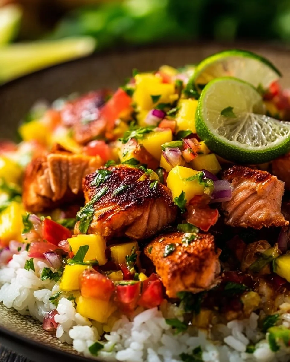 Crispy air fryer salmon bites with fresh mango salsa on a plate.