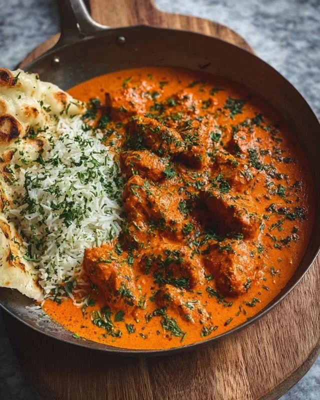 Delicious homemade butter chicken served with rice and naan.