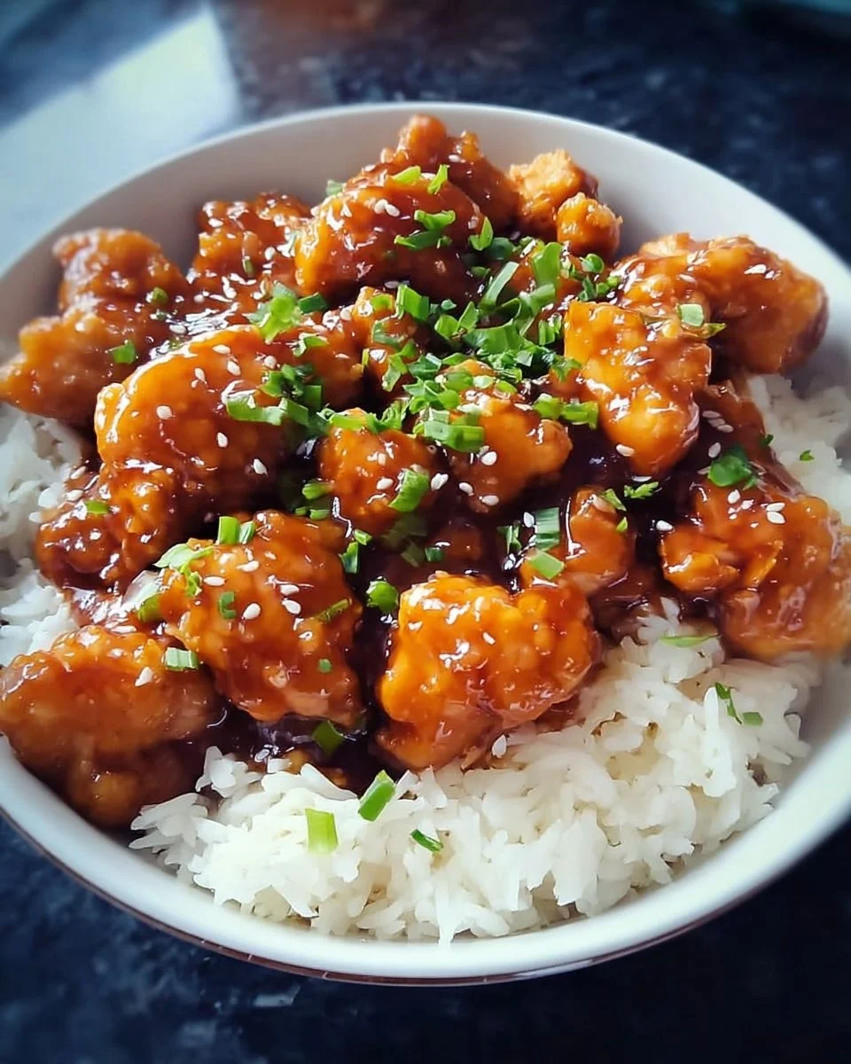 Quick and easy orange chicken dish served with rice and vegetables