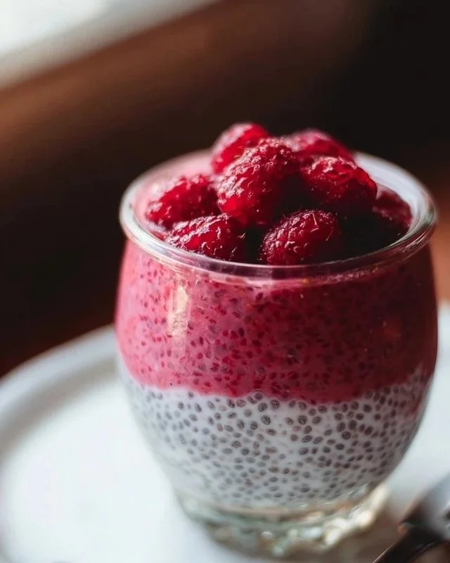 Bowl of Raspberry Chia Pudding topped with fresh raspberries and maple syrup
