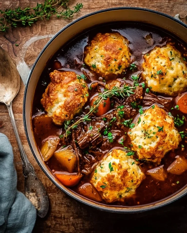 Delicious Irish stew with cheddar dumplings served in a rustic bowl