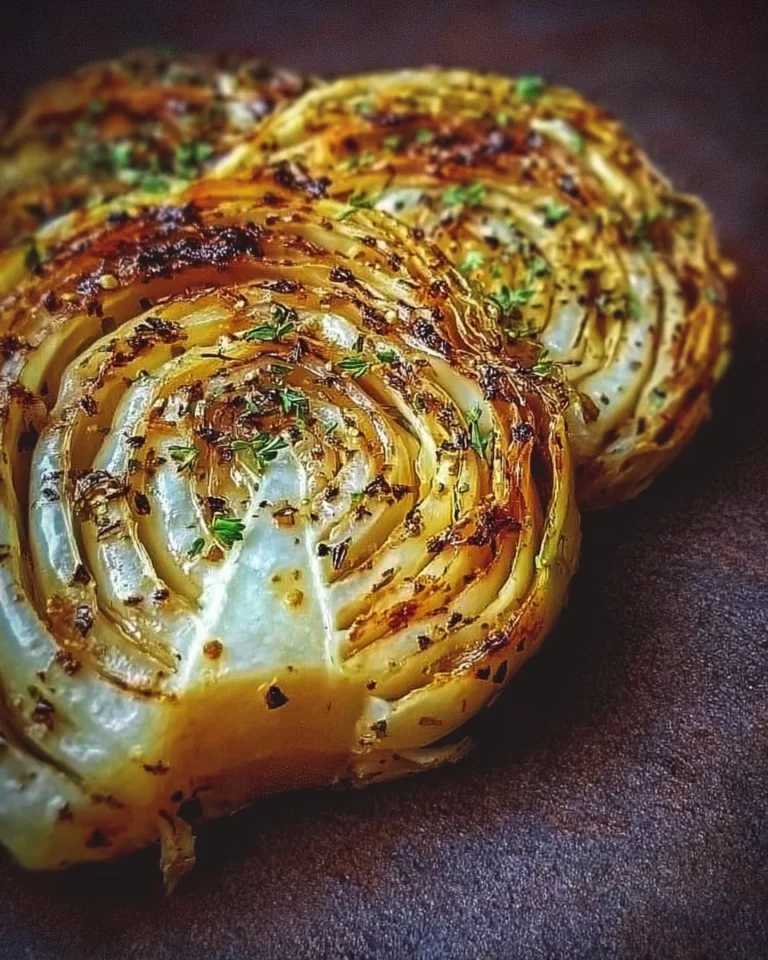 Delicious roasted cabbage steaks on a plate garnished with herbs