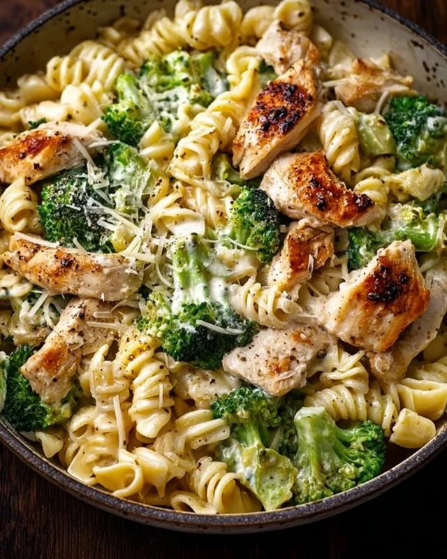 A delicious bowl of rotisserie chicken broccoli pasta garnished with fresh herbs.