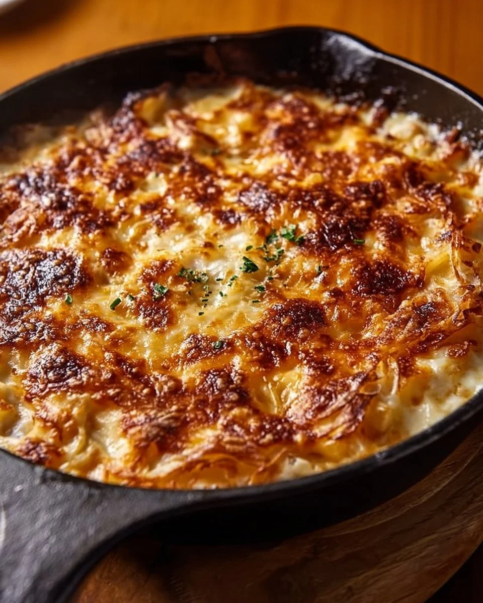 Savory caramelized onion cheese dish with a golden crust and melted cheese
