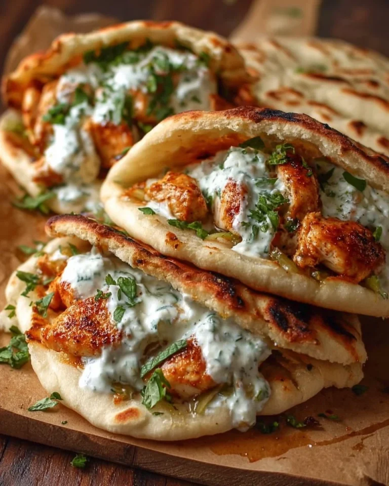 Sheet pan chicken pitas served with herby ranch dressing on a plate.