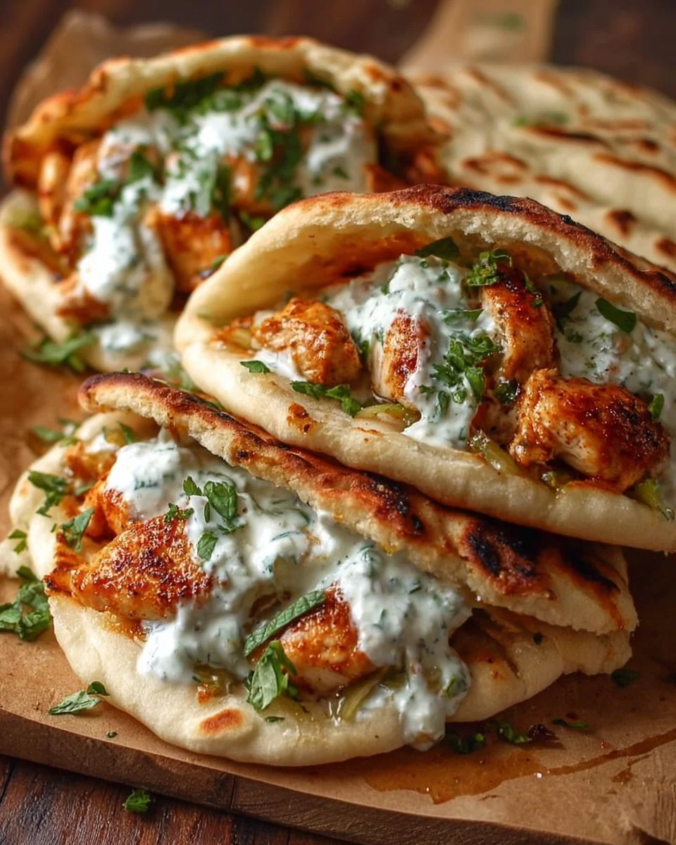 Sheet pan chicken pitas served with herby ranch dressing on a plate.