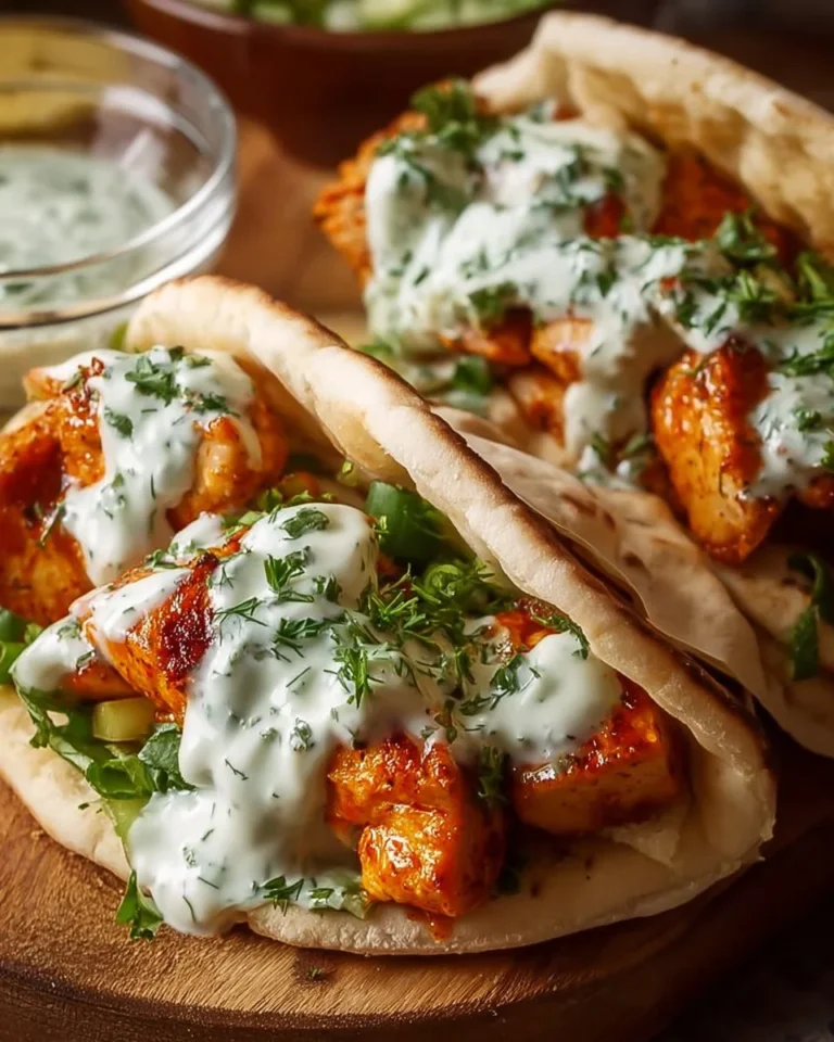 Sheet Pan Chicken Pitas served with herby ranch dressing on a wooden platter.
