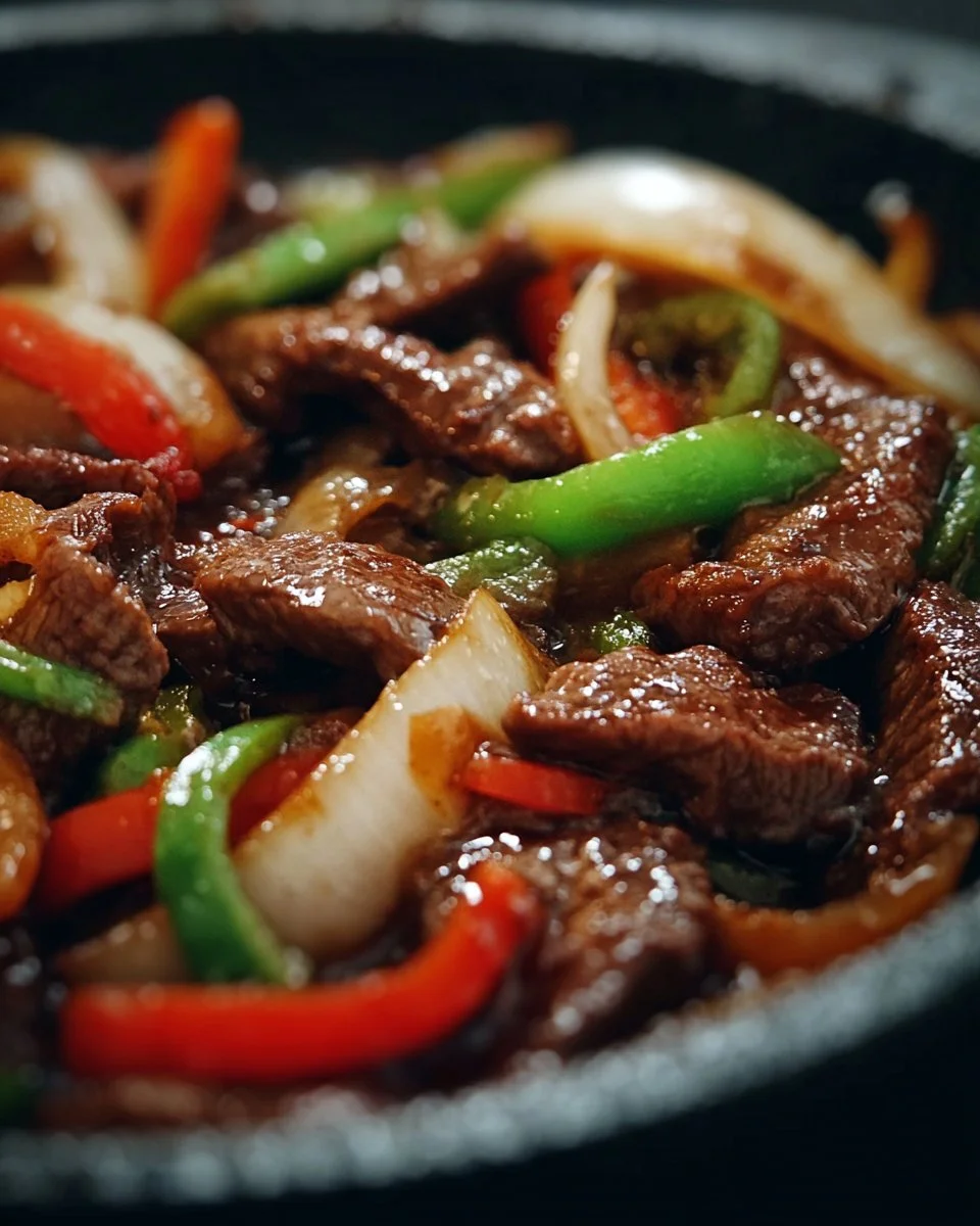 Sizzling Chinese pepper steak with onions on a plate
