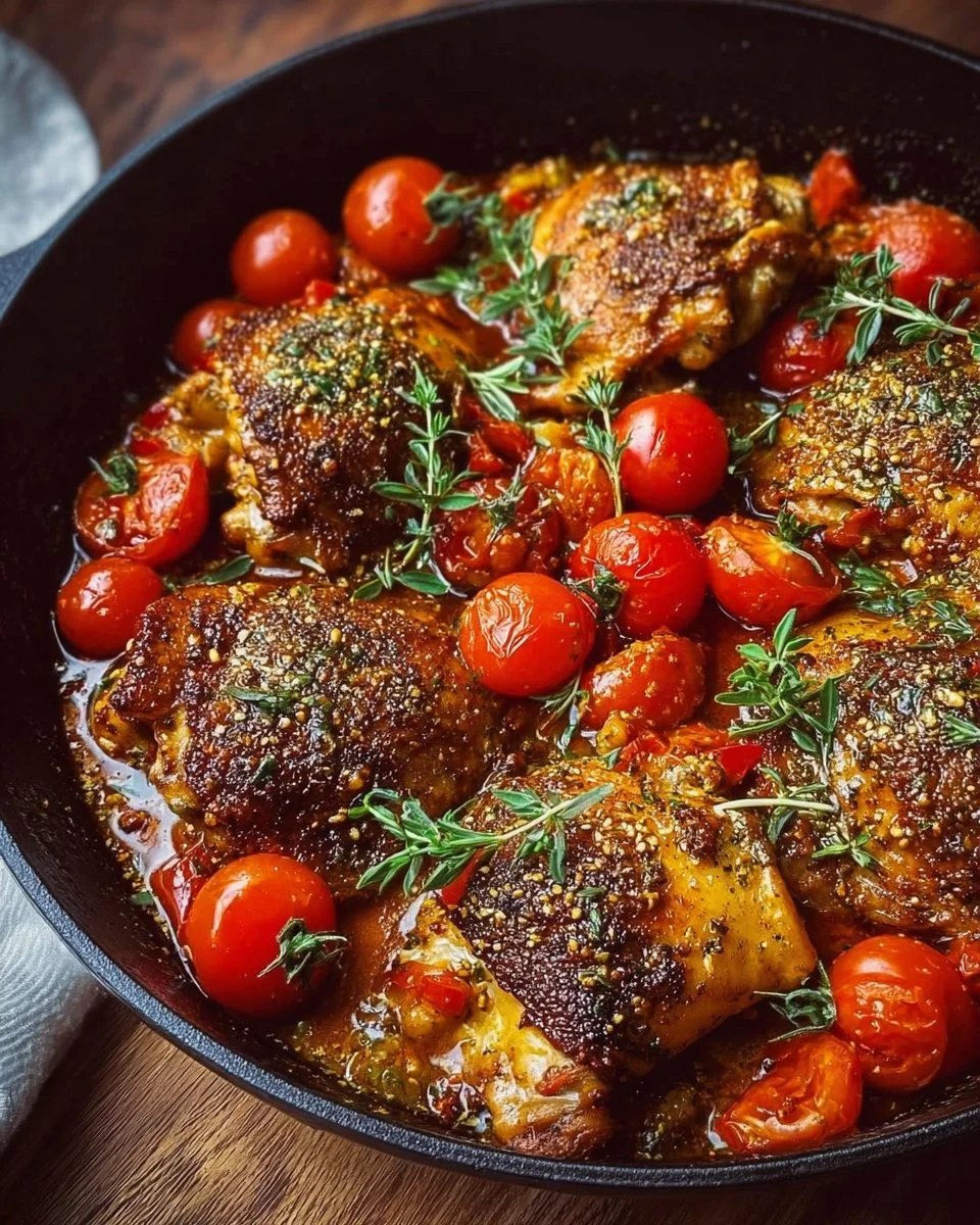 Skillet chicken thighs topped with cherry tomato sauce and zaatar herbs.
