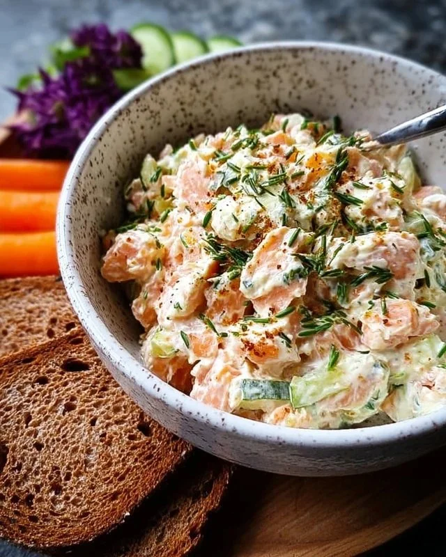 Delicious smoked salmon dip served with crackers and fresh herbs.