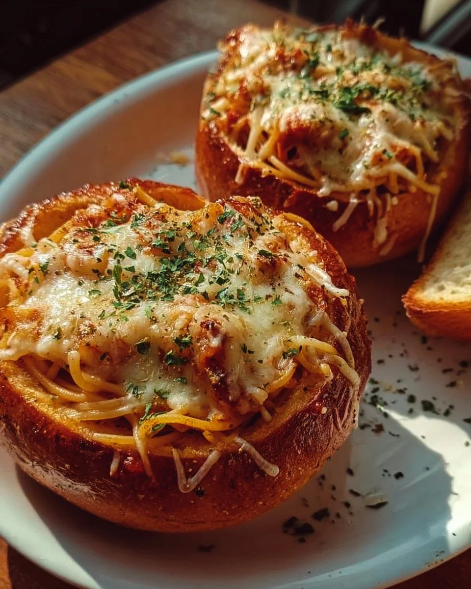 Spaghetti garlic bread bowls filled with spaghetti and topped with garlic butter