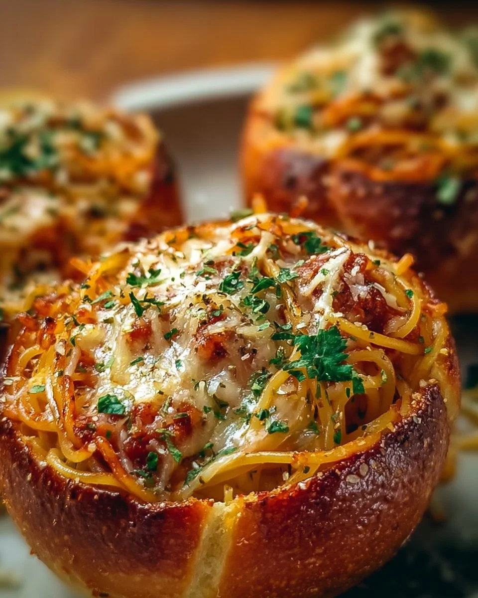 Spaghetti garlic bread bowls filled with pasta and topped with herbs.